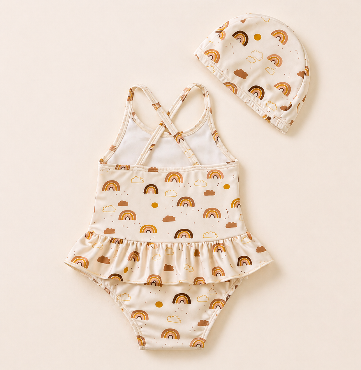 Baby Girl Swimsuit 2PCS Set with Hat – Ruffle One Piece Rainbow & Floral Print (0-24M)
